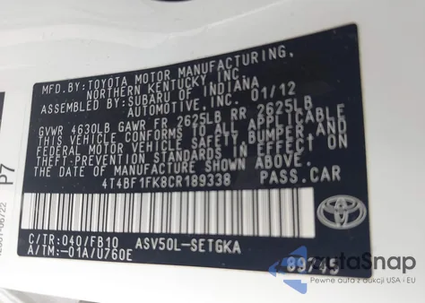 2012 Toyota Camry Xle from USA, damaged, VIN 4T4BF1FK8CR189338